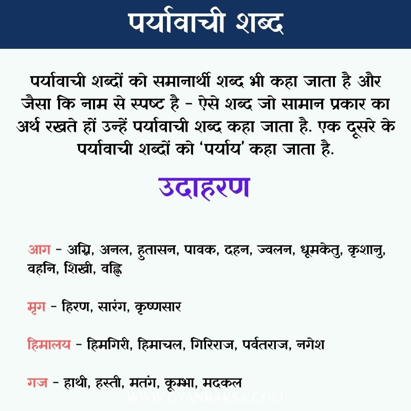 Paryavachi Shabd Paribhasha and Examples